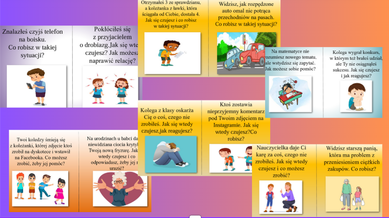 MEGA ZESTAW 50 kart sytuacyjnych na zajęcia kl.4-8