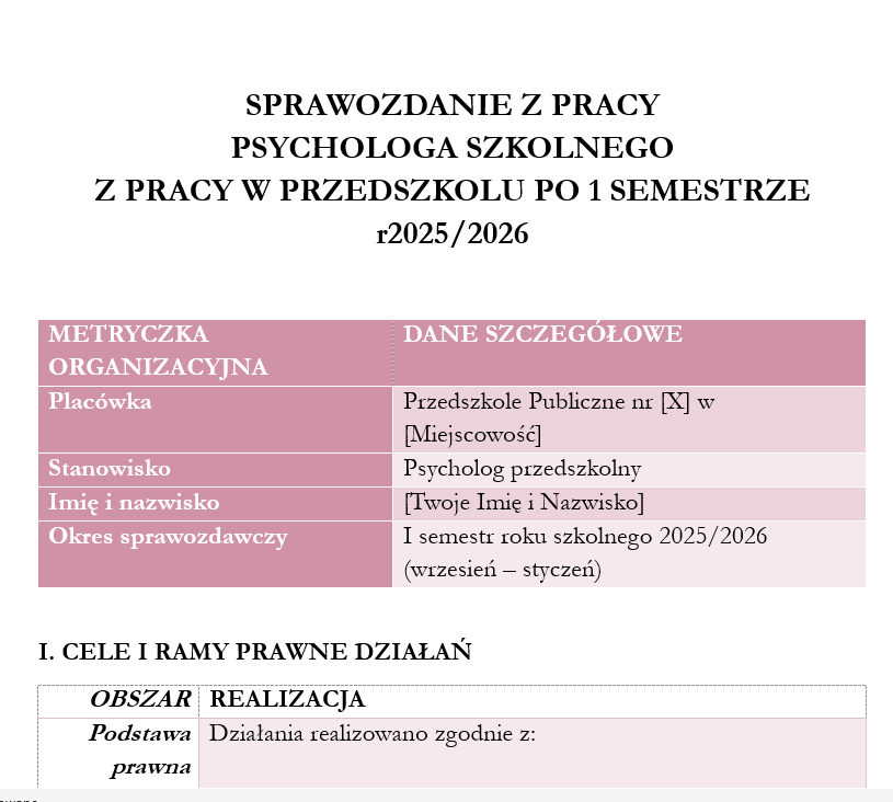 PSYCHOLOG -PRZEDSZKOLE ,SPRAWOZDANIE I SEMESTR +OCENA EFEKTYWNOŚCI PPP
