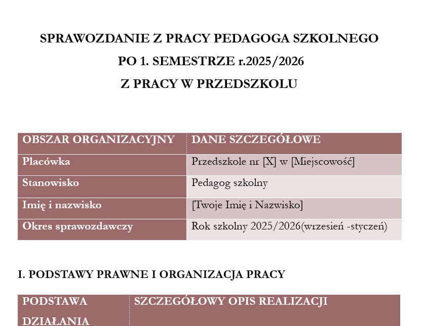 Sprawozdanie pedagoga szkolnego po I semestrze z pracy w przedszkolu +ocena efektywności PPP
