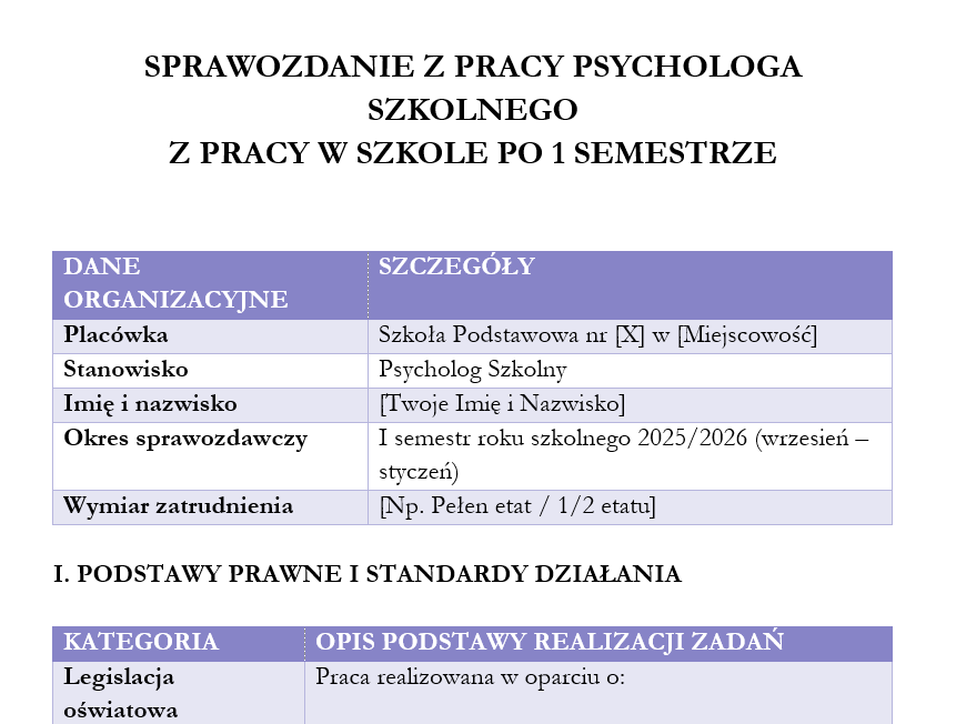 SPRAWOZDANIE Z PRACY PSYCHOLOGA szkolnego w SZKOLE  PO I SEMESTRZE r2025/2026