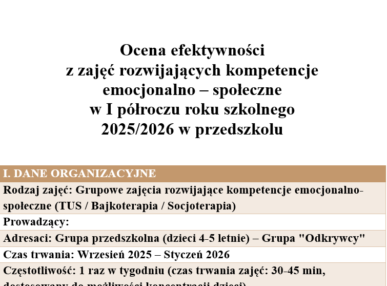 Sprawozdanie z zajęć rozwijających kompetencje emocjonalno-społeczne po I półroczu-przedszkole