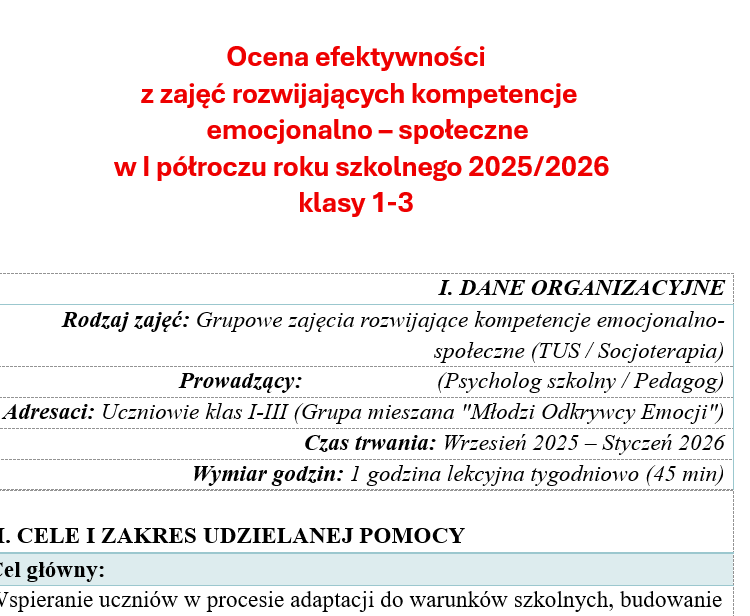 Sprawozdanie z zajęć rozwijających kompetencje emocjonalno-społeczne klasy 1-3 po I półroczu