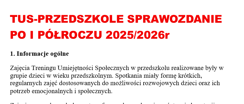 TUS-SPRAWOZDANIE PO I PÓŁROCZU 2025/2026r szkoła i przedszkole