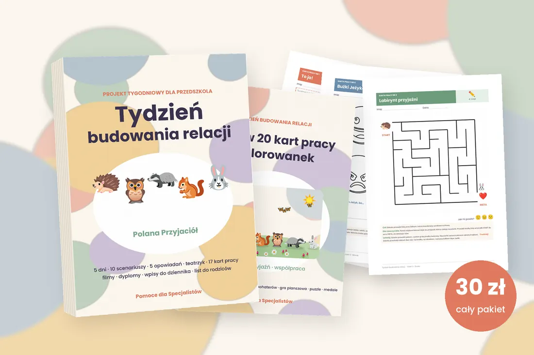 Mockup projektu Tydzień budowania relacji — okładka, strony i zestaw kart pracy