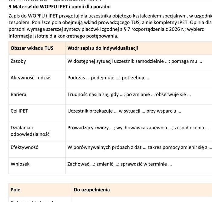 Materiał do WOPFU, IPET i opinii dla poradni
