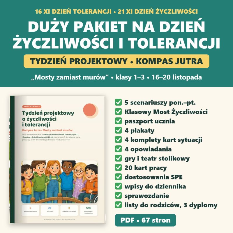 Duży pakiet na Dzień Życzliwości i Tolerancji – tydzień projektowy dla klas 1–3, okładka i zawartość pakietu