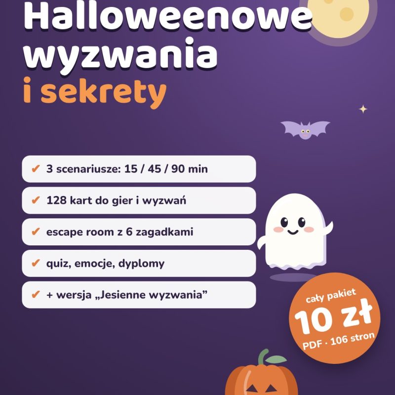 HALLOWEENOWE WYZWANIA I SEKRETY – pakiet premium dla klas 4–8 | scenariusze, gry, escape room, emocje + wersja „Jesienne wyzwania”
