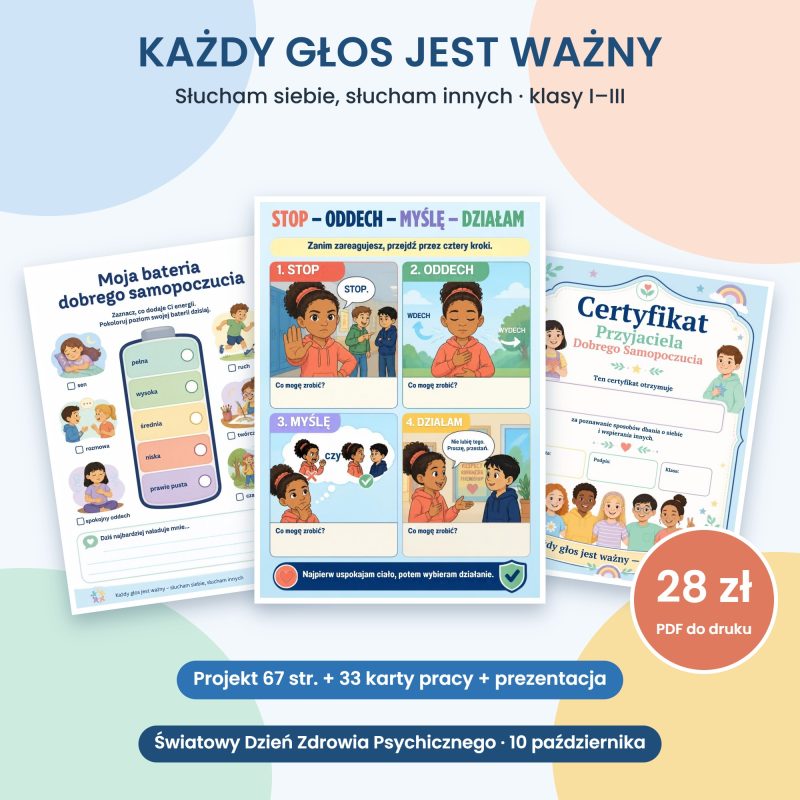 Każdy głos jest ważny – projekt na Światowy Dzień Zdrowia Psychicznego dla klas I–III + 33 karty pracy + prezentacja