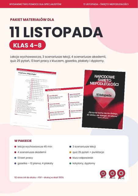 11 listopada – pakiet dla klas 4–8 (92 strony)